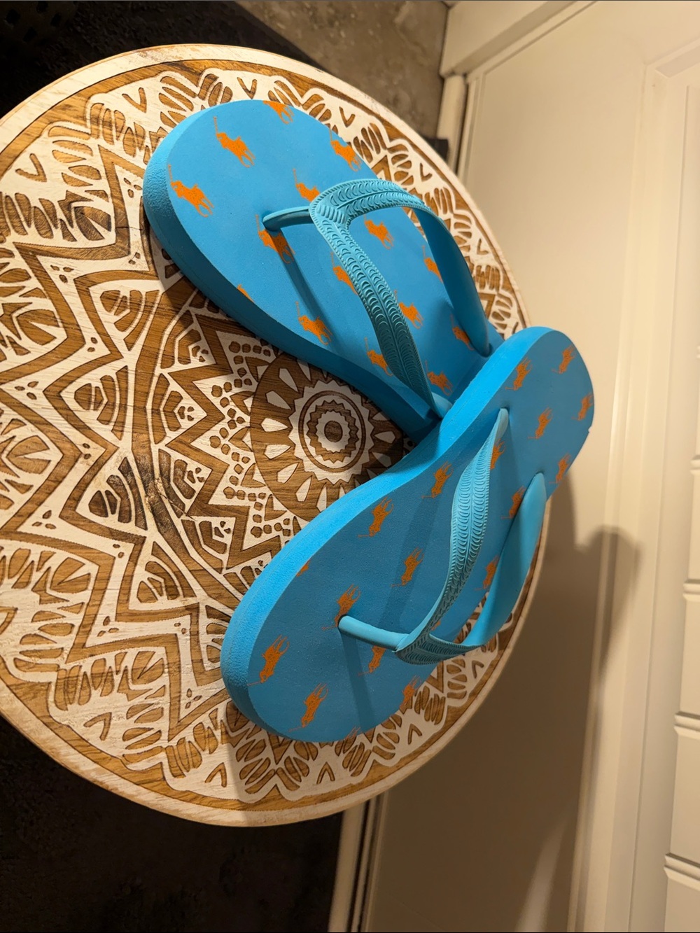 Women’s Polo Blue Flip Flops with Orange Pony Prints size 7